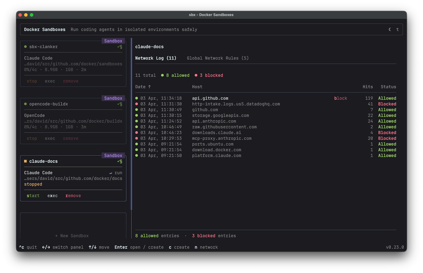 The interactive dashboard showing sandbox status, resource usage, and network governance controls.