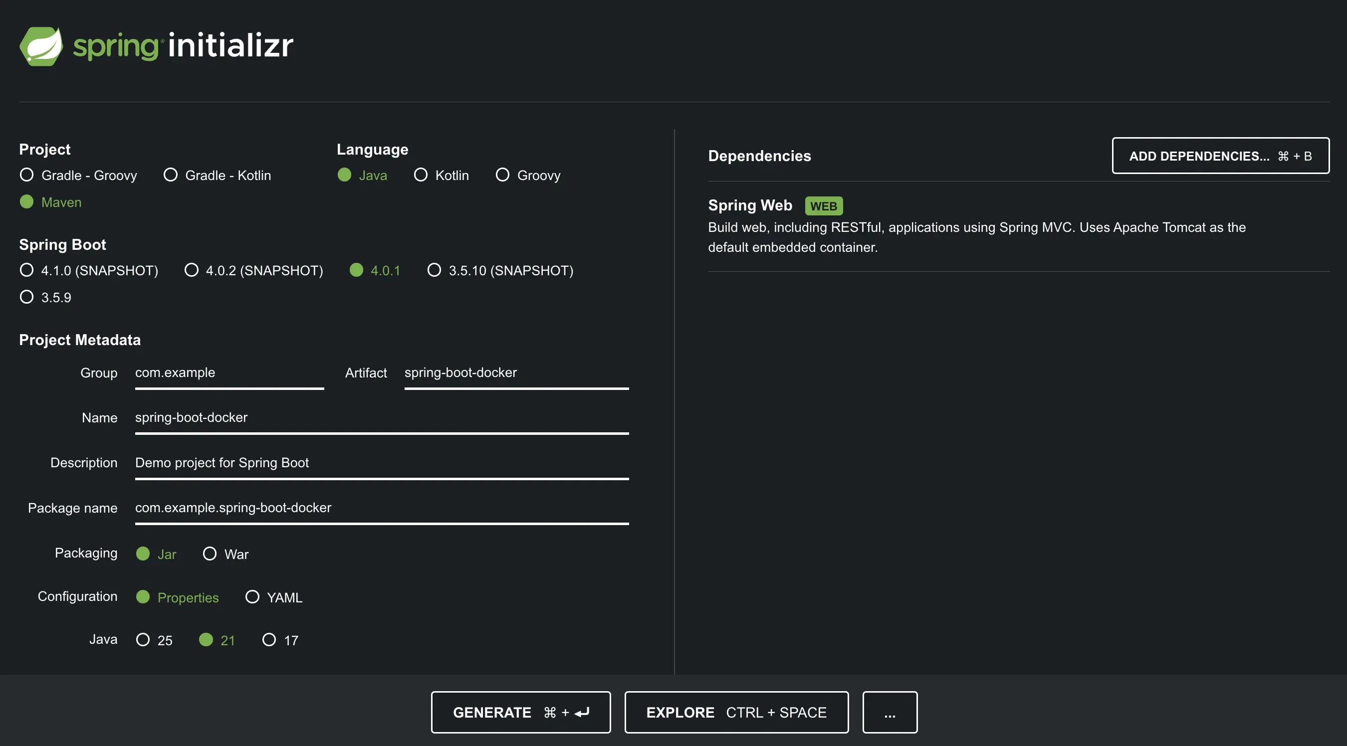 A screenshot of Spring Initializr tool selected with Java 21, Spring Web and Spring Boot 3.4.0