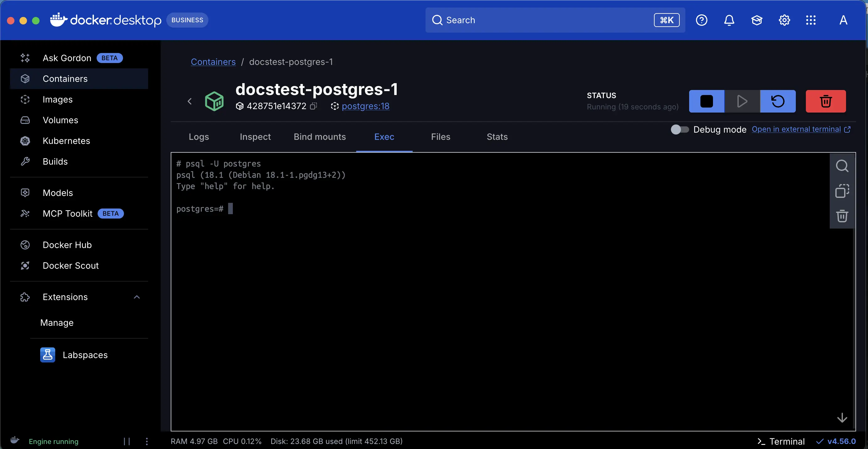 A screenshot of the Docker Desktop Dashboard selecting the Postgres container and entering into its shell using EXEC button