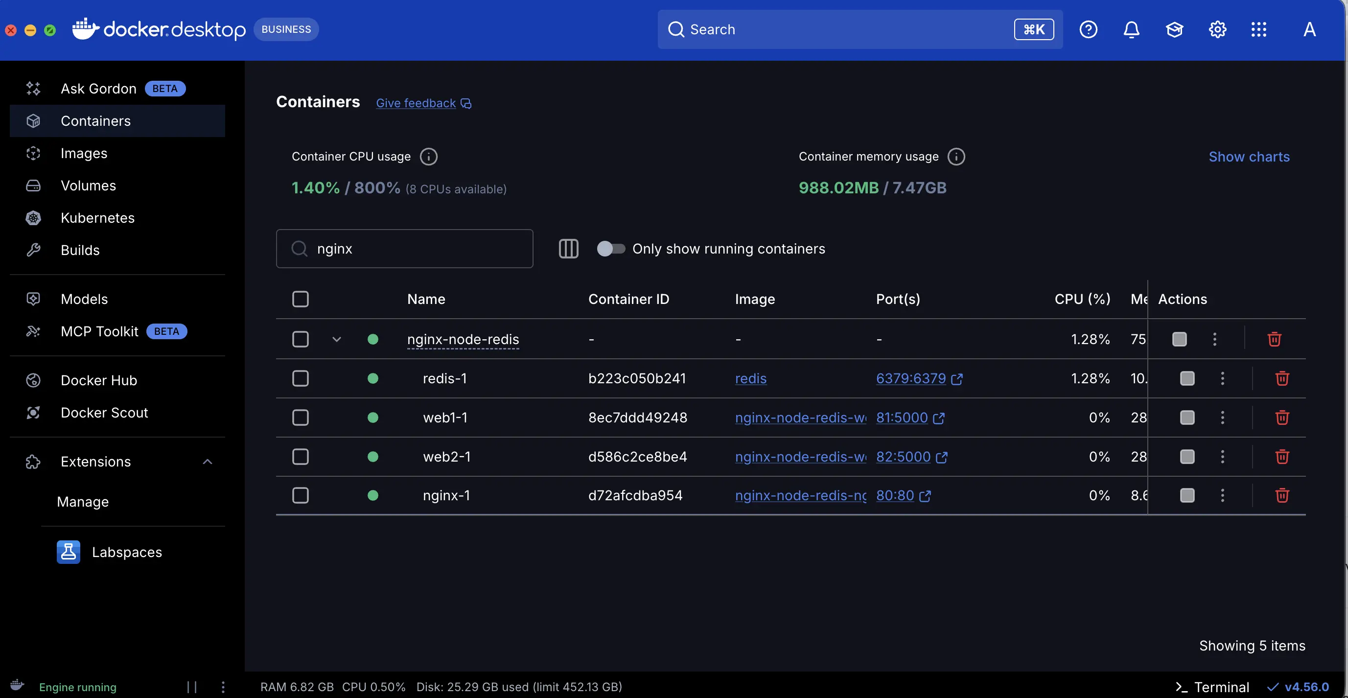A screenshot of the Docker Desktop Dashboard showing the containers of the application stack deployed using Docker Compose