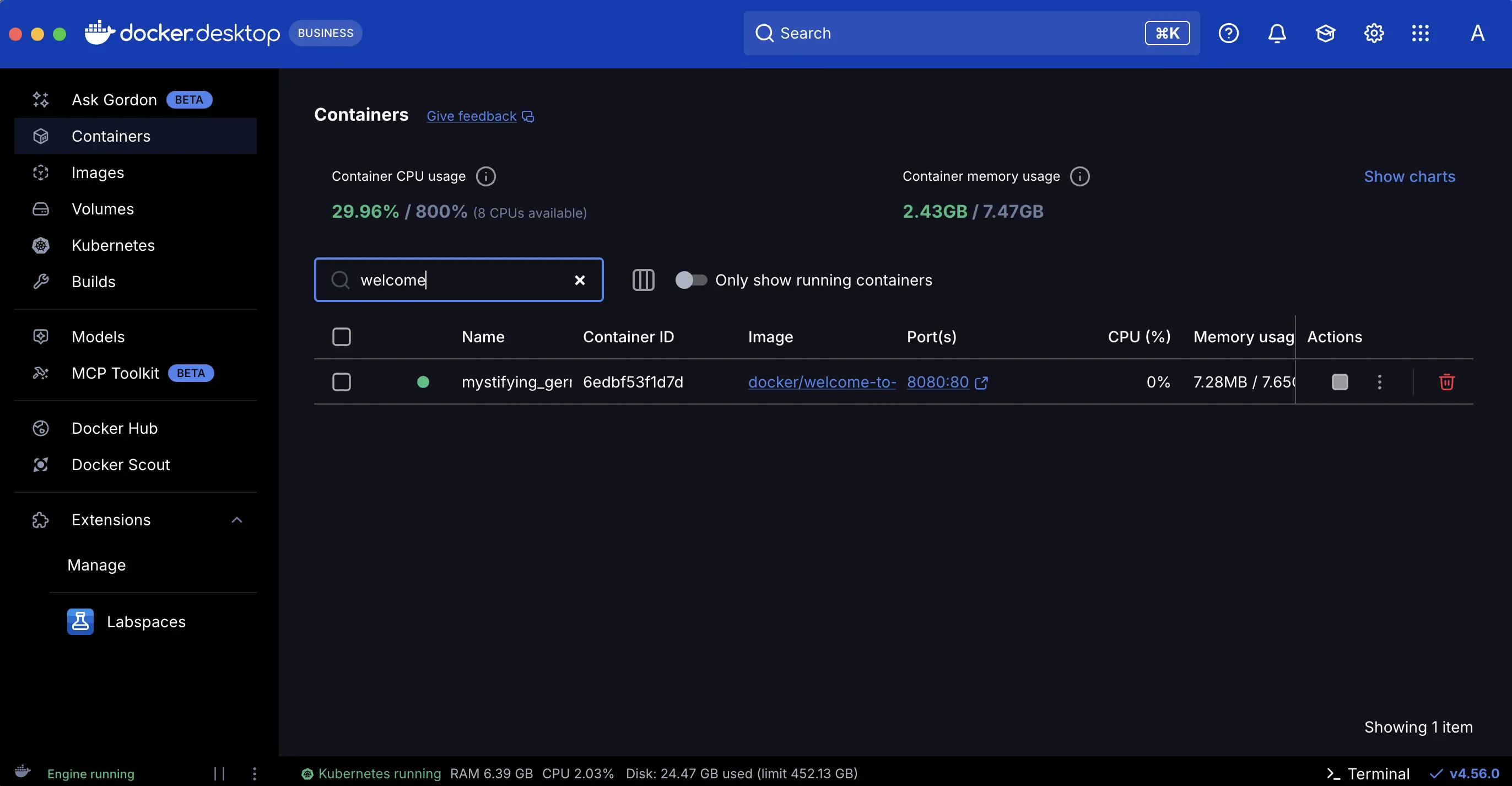 A screenshot of Docker Desktop Dashboard showing the published port