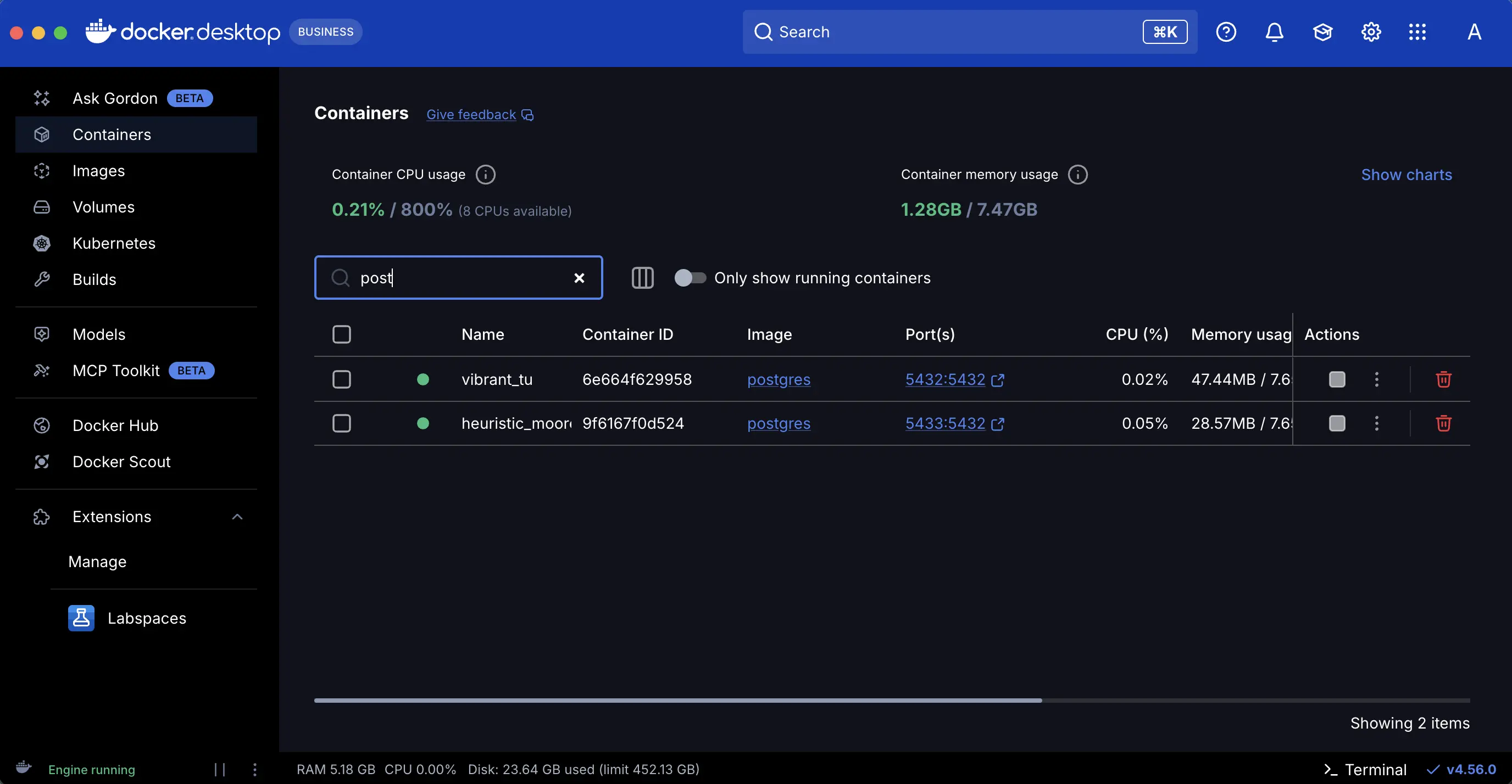 A screenshot of the Docker Desktop Dashboard showing the running instances of Postgres containers