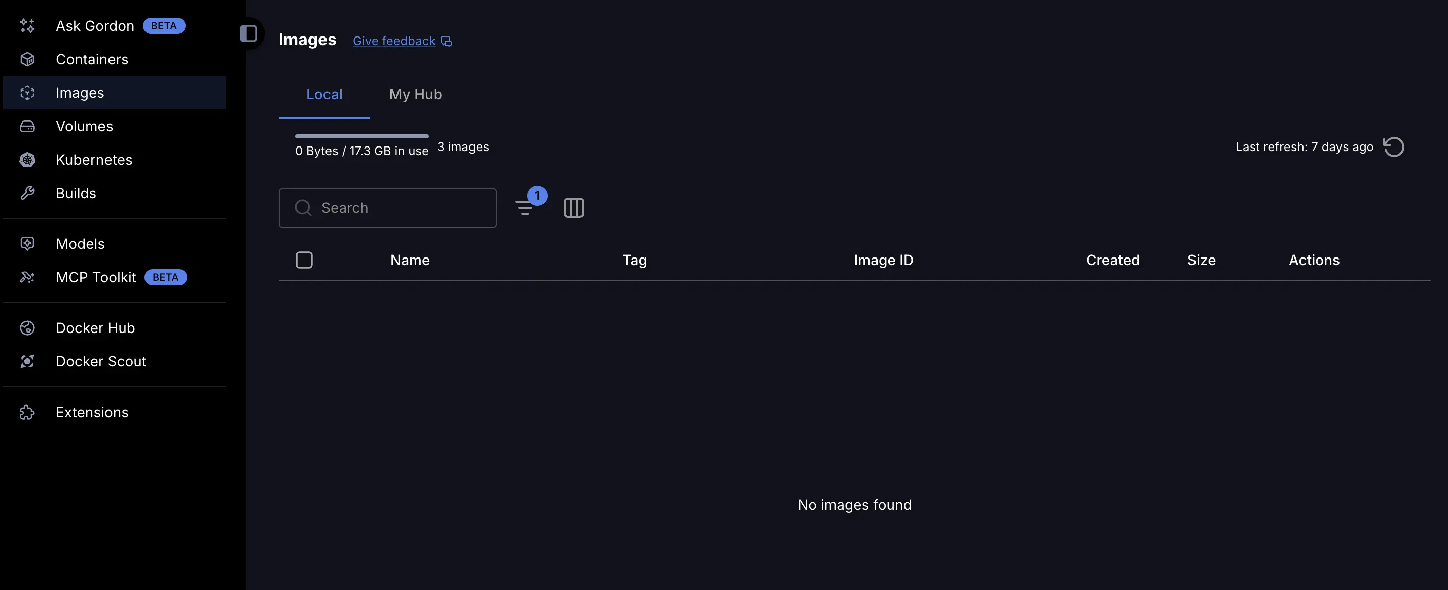 A screenshot of the Docker Desktop Dashboard showing the image view on the left sidebar