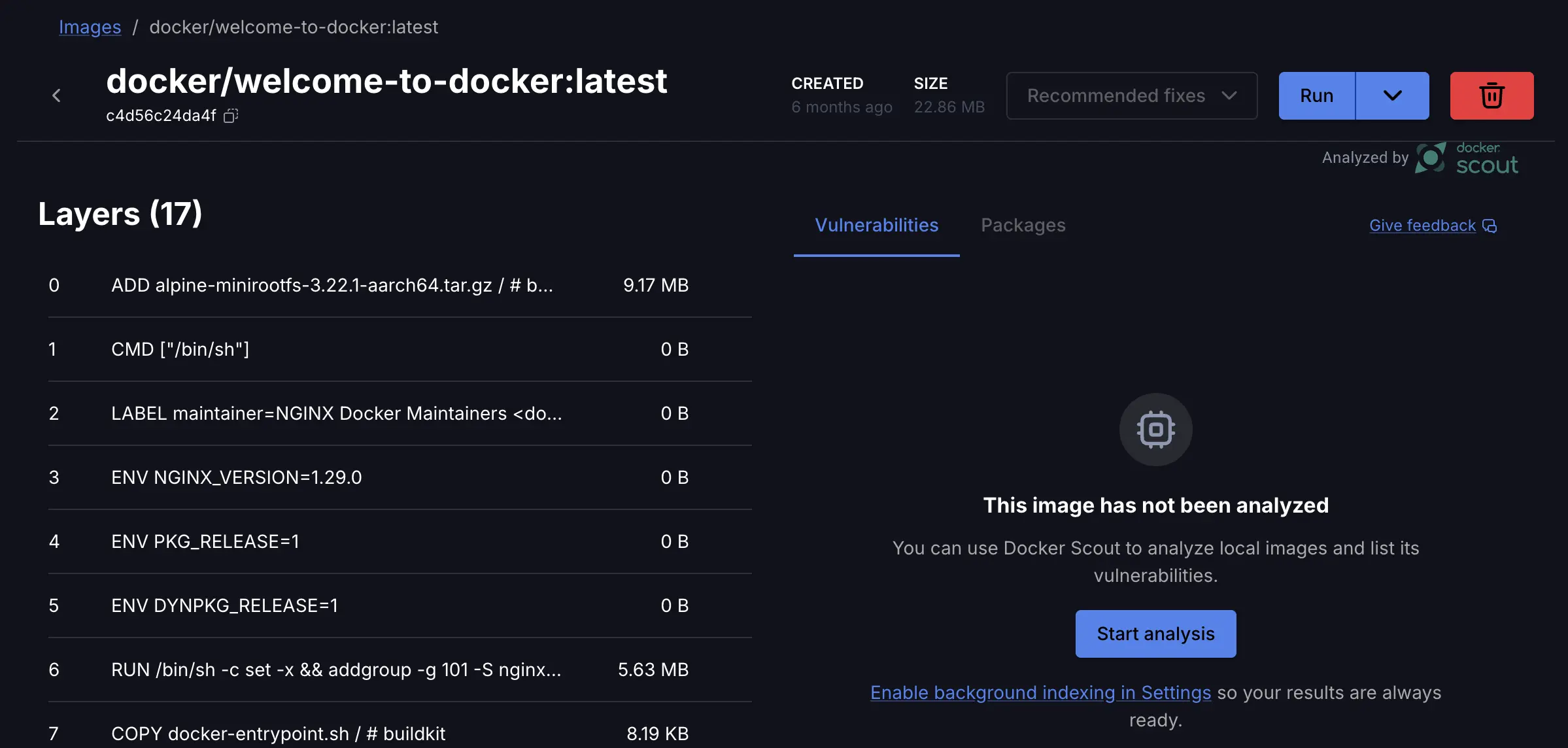 A screenshot of the image details view for the docker/welcome-to-docker image