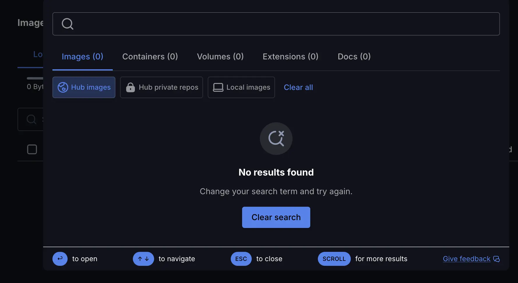 A screenshot of the Docker Desktop Dashboard showing the search ta