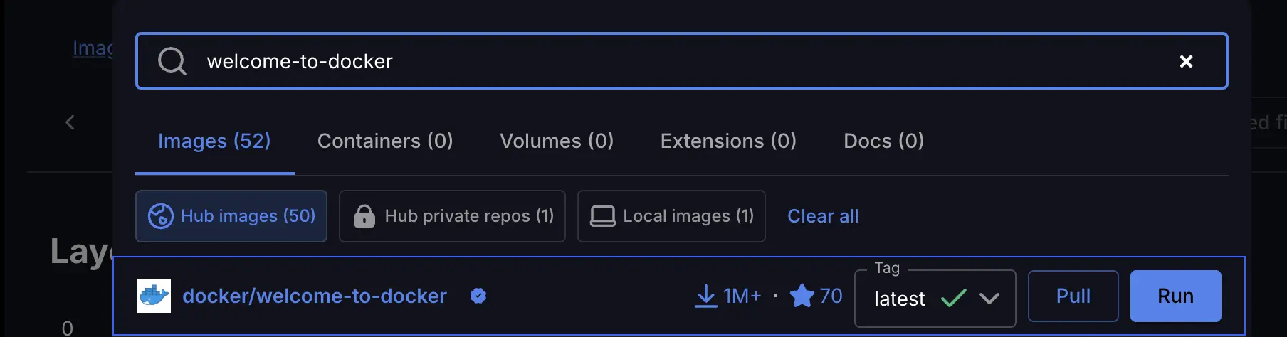 A screenshot of the Docker Desktop Dashboard showing the search results for the docker/welcome-to-docker image