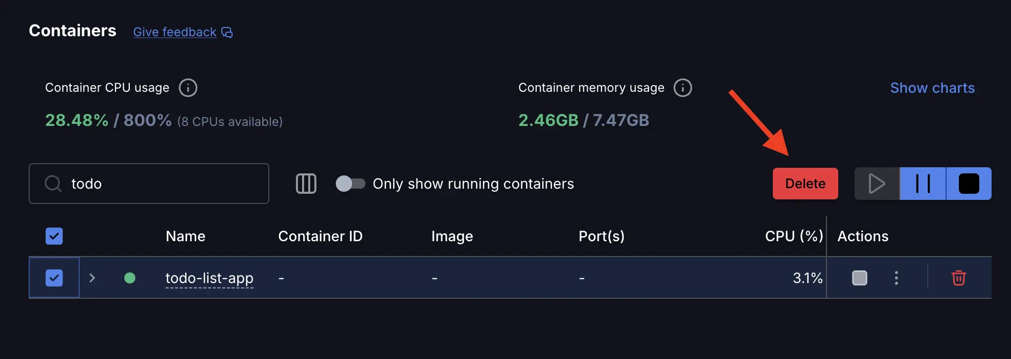 A screenshot of the Docker Desktop GUI showing the containers view with an arrow pointing to the "Delete" button