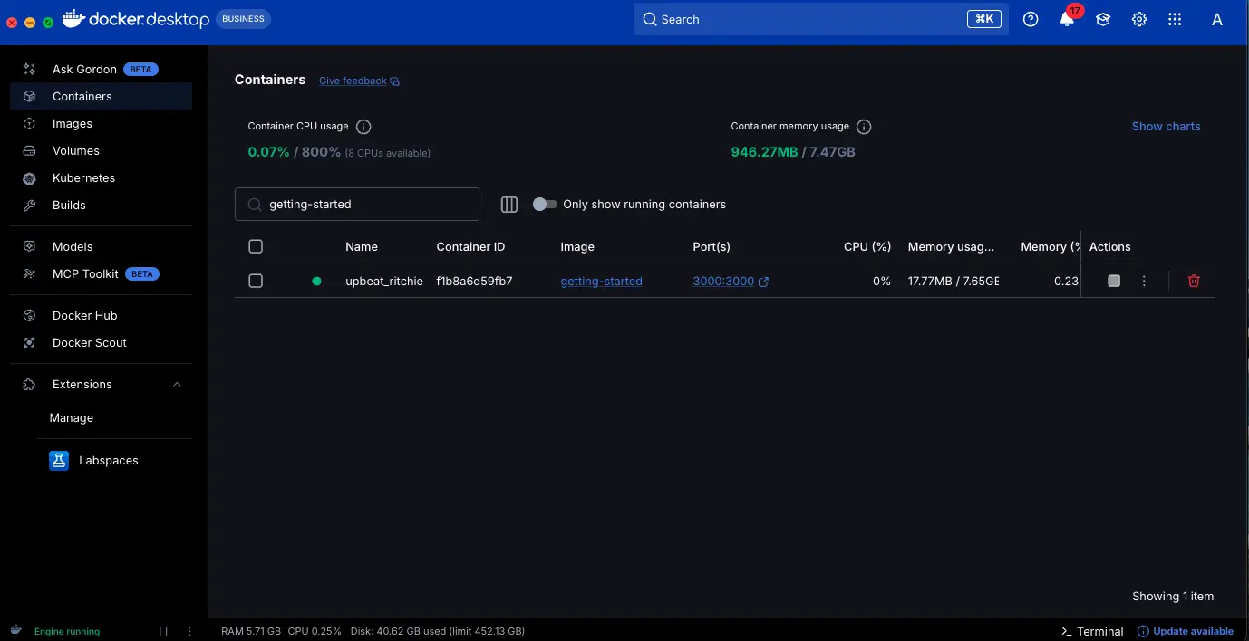 Docker Desktop with get-started container running